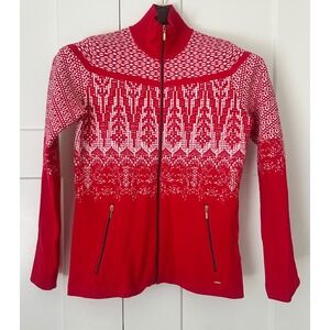 Luhta Red White Patterned Full Zip Knit Cardigan Mock Neck Nordic Ski Womens 38